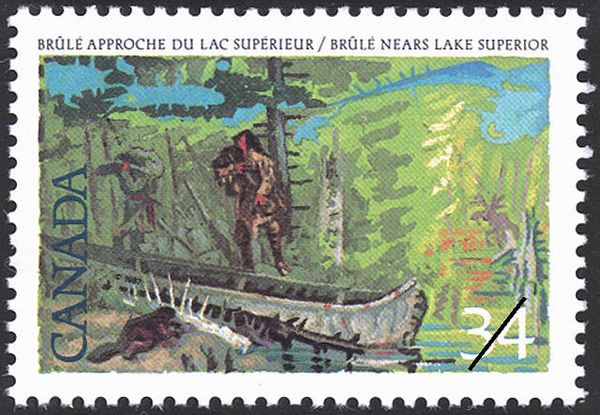 Titre original&nbsp;:  Brûlé approche du lac Supérieur = Brûlé nears Lake Superior [philatelic record].  Philatelic issue data Canada : 34 cents