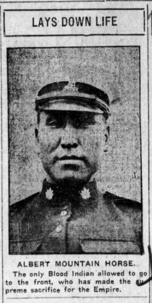 Titre original&nbsp;:  Albert Mountain Horse. From the Calgary Herald, Calgary, Alberta, Canada, 25 Nov 1915, p5.