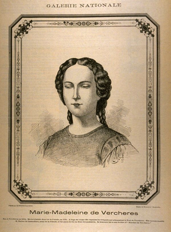 Titre original&nbsp;:  Marie-Madeleine de Verchères Née à Verchères en 1678. Morte à Sainte-Anne de la Pérade. À l'âge de 14 ans, elle repousse les Iroquois qui attaquaient le Fort de Verchères. Elle épouse ensuite M. Tarieu de Lanaudière, sieur de la Pérade, et lui sauva la vie en deux circonstances. Sa bravoure lui a valu le titre d'"héroïne de Verchères" / [image fixe] : Edmond-Joseph Massicotte