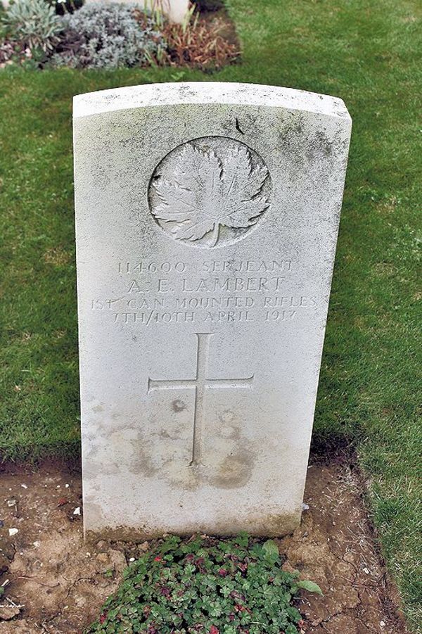 Original title:  Gravestone of Augustine Emmanuel ('Gus') Lambert – from the Digital Collection at the Canadian Virtual Memorial: http://www.veterans.gc.ca/eng/remembrance/memorials/canadian-virtual-war-memorial/.