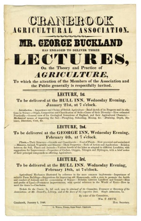 Original title:  Announcement of lectures by George Buckland (1805-1885) to the Cranbrook Agricultural Association, 1846. U of T Archives Image Bank - 2002-85-3MS.