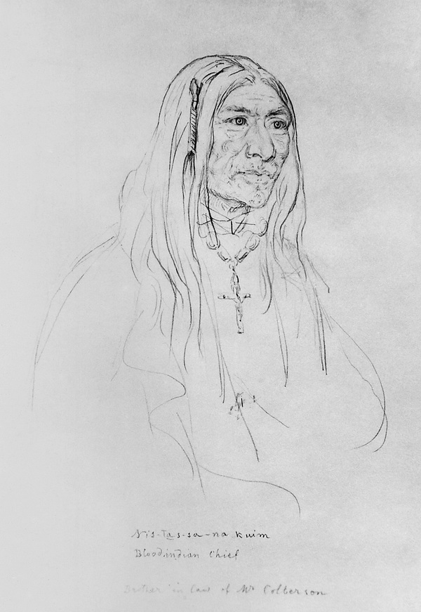 Titre original&nbsp;:  Seen From Afar, or Peenaquim, head chief of the Bloods. Date: 1855. Photographer/Illustrator: Sohon, Gustavus. Image courtesy of Glenbow Museum, Calgary, Alberta.
