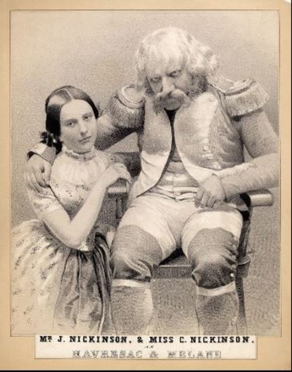 Original title:  John Nickinson as Havresac and his daughter Charlotte as Melanie in "Napoleon's Old Guard". 
Creator: Sarony & Major. Physical Collection: University of Illinois Theatrical Print Collection. ID Number: N632-01. Collection Title: Portraits of Actors, 1720-1920, University of Illinois Library. https://digital.library.illinois.edu/items/8e3505e0-4e7d-0134-1db1-0050569601ca-f#?c=0&m=0&s=0&cv=0 