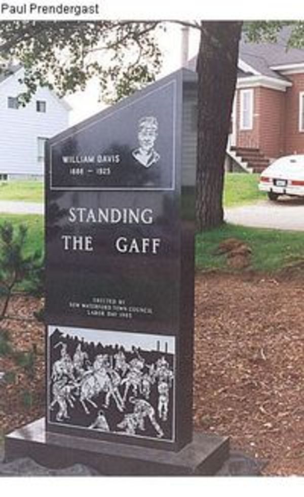 Original title:  Monument to William Davis (1888-1925), a miner who was killed during the miners' strike of 1925. "Standing the Gaff"; erected by New Waterford Town Council, Labour Day, 1985. Date: 1998 Photographer: Paul Prendergast Credit: Beaton Institute, Cape Breton University Reference no.: Paul Prendergast #33 Beaton Institute, Cape Breton University 98-666-29453