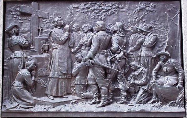 Titre original&nbsp;:    Description Français : Bas-relief de Louis-Philippe Hébert, 1895, Monument à Maisonneuve, Place d'Armes, Montréal. Date 23 May 2011(2011-05-23) Source Own work Author Jean Gagnon

Camera location 45° 30' 17.25" N, 73° 33' 26.18" W This and other images at their locations on: Google Maps - Google Earth - OpenStreetMap (Info)45.504792;-73.557273

Première messe à Ville-Marie en 1642 par le père Barthelemy Vimont, jésuite.

