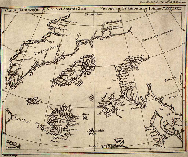 Titre original&nbsp;:    The Zeno Map. A reproduction of the Zeno map (original by Nicolo Zeno 1558) published by Henrich Peter von Eggers in the 1793 book Priisskrift om Grønlands Østerbygds sande Beliggenhed

