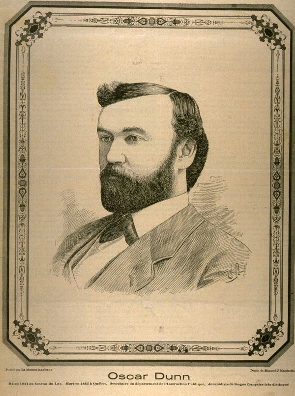 Titre original&nbsp;:  Oscar Dunn Né en 1844 au Coteau-du-Lac. Mort en 1885 à Québec. Secrétaire du département de l'Instruction publique. Journaliste de langue française très distingué / [image fixe] : Edmond-Joseph Massicotte