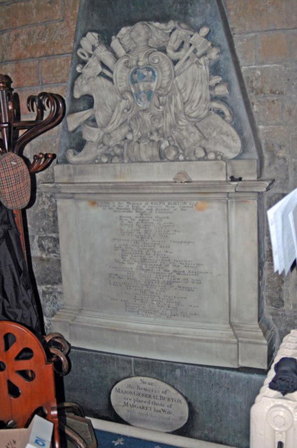 Titre original&nbsp;:    Description English: Monument to Maj. Gen. Ralph Burton d. 24th September 1768 Tucked away behind the coat rack in the church of St. Mary, Cottingham, is this memorial to Maj. Gen. Ralph Burton who had a distinguished military career in North America during the Seven Years War. As a Lt. Col. he commanded the 48th Regiment of Foot at the battle of Monongahela in 1755 http://www.britishbattles.com/braddock.htm when a force under Gen. Braddock suffered a disastrous defeat at the hands of the French and their Indian allies. George Washington was also present at this battle. Although wounded Burton survived to participate in the eventual defeat of the French at Quebec in 1759. Date 2 April 2008(2008-04-02) Source From geograph.org.uk Author David Wright

Camera location 53° 46' 55.79" N, 0° 24' 41.12" W This and other images at their locations on: Google Maps - Google Earth - OpenStr