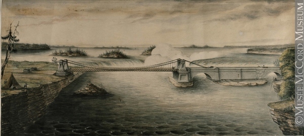 Titre original&nbsp;:  Print Union Suspension Bridge, Ottawa River, Bytown Preston Frederick Rubidge 1843, 19th century Ink and watercolour on paper - Lithography 30.3 x 66.2 cm Gift of Mr. David Ross McCord M8063 © McCord Museum Description Keywords:  Architecture (8646) , bridge (558) , Print (10661)