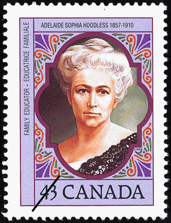 Titre original&nbsp;:  Adelaide Sophia Hoodless, 1857-1910, family educator = Adelaide Sophia Hoodless, 1857-1910, éducatrice familiale [philatelic record].  Philatelic issue data Canada : 43 cents