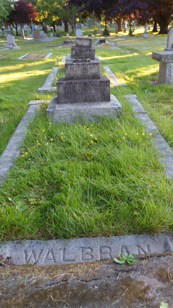 Titre original&nbsp;:    Description English: Grave of John Thomas Walbran and Anne Mary Walbran, married 1871-05-09. The grave is in Ross Bay Cemetery at Block T, Plot 84W46, meaning 84 west of road 46. The front face of the plinth is inscribed "ANNE MARY OF RIPON, YORKSHIRE ENG. WIFE OF JOHN T. WALBRAN BORN MARCH 23RD 1848 DIED MARCH 31ST 1913 THY WILL BE DONE". The side of the plinth is inscribed "CAPT. JOHN T. WALBRAN OF RIPON YORKSHIRE ENG. BORN MARCH 23RD 1848 DIED MARCH 31ST 1913 AT ANCHOR IN THE HAVEN OF REST". Date 27 June 2012 Source Donated by Trudy Rotgans and Terrence Hanlon. Author Trudy Rotgans and Terrence Hanlon Permission (Reusing this file) Given by the authors. Contact the authors via PeterEasthope (talk) 15:52, 8 July 2012 (UTC).

