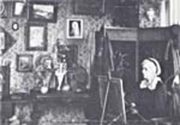 Original title:  Photograph of Charlotte M.B. Schreiber in her studio.
Charlotte M.B. Schreiber, working in her studio at Erindale, Ontario, 1895.
Source: Art. Toronto, Society of Canadian Artists. -- 5 v. ill. (some col.) 28 cm. -- (Fall 1973). -- Vol. 5, no. 15. -- ISSN 0004-3257. -- P. 19.